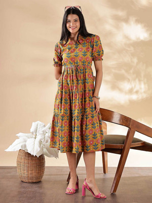 ANOUK Women Fit and Flare Yellow Knee Length Dress