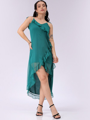 The Indian Garage Co. -Freehand Women Asymmetric Green Maxi/Full Length Dress