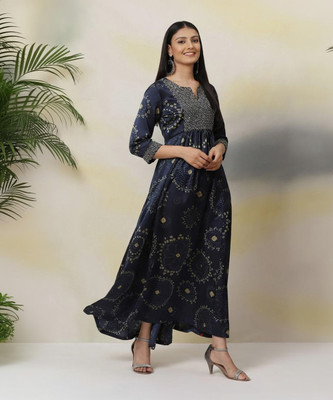 BIBA Women Fit and Flare Dark Blue Below Knee Dress
