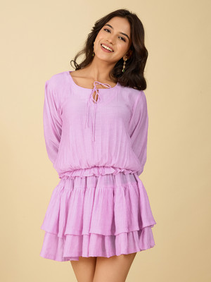 Dressberry Women Gathered Purple Above Knee/Mid Thigh Length Dress