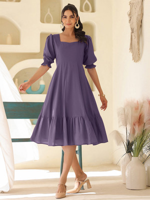 Janasya Women A-line Purple Midi/Calf Length Dress