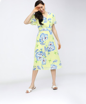 Tokyo Talkies Women Skater Yellow Midi/Calf Length Dress