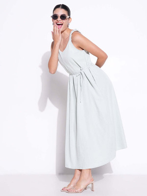 SHOWOFFFF Women A-line Light Blue Midi/Calf Length Dress