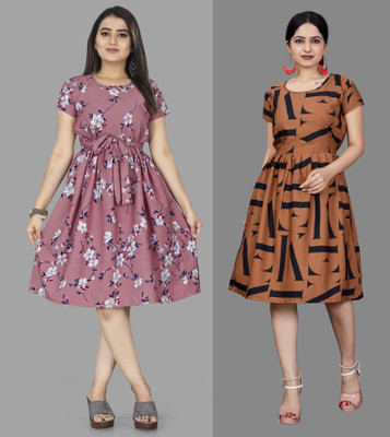 HouseOfCommon Women Fit and Flare Multicolor Below Knee Dress