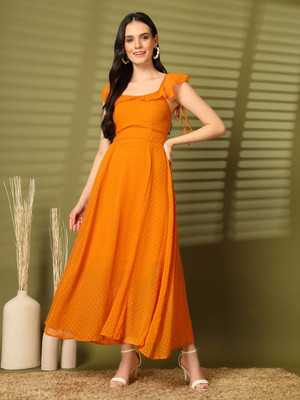 AAYU Women Fit and Flare Yellow Maxi/Full Length Dress