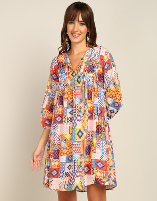 all about you Women Fit and Flare Multicolor Above Knee/Mid Thigh Length Dress