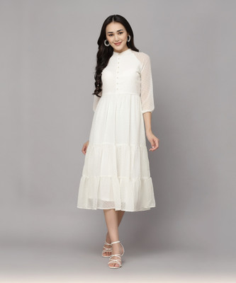 AAYU Women Fit and Flare White Midi/Calf Length Dress