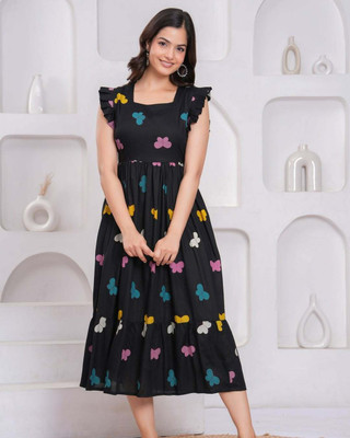 Milastru Women Fit and Flare Black Midi/Calf Length Dress