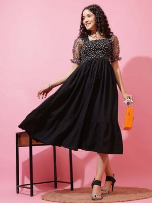 Honky Tonky Women Fit and Flare Black Midi/Calf Length Dress
