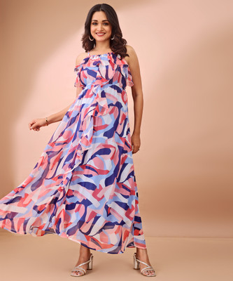FashFun Women Fit and Flare Multicolor Maxi/Full Length Dress