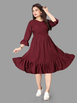 HouseOfCommon Women A-line Maroon Knee Length Dress