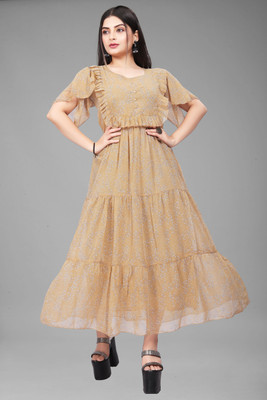 HouseOfCommon Women Maxi Brown Knee Length Dress