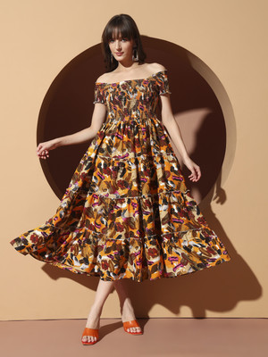 OTABU Women A-line Multicolor Midi/Calf Length Dress