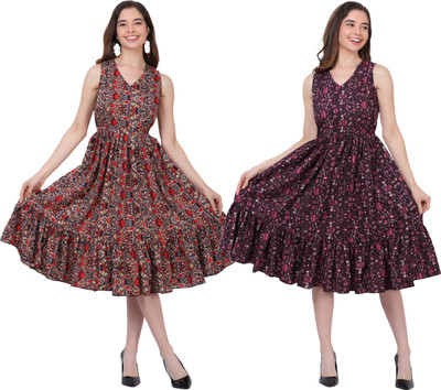 FIRST ARRIVAL Women Fit and Flare Multicolor Midi/Calf Length Dress