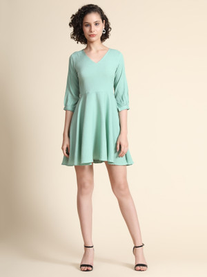 Toochki Women Fit and Flare Light Green Above Knee/Mid Thigh Length Dress