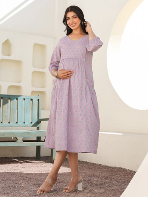 Janasya Women A-line Purple Midi/Calf Length Dress