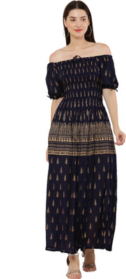 Y company Women Fit and Flare Blue, Gold Maxi/Full Length Dress
