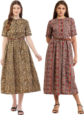 Mamnoon Women Fit and Flare Multicolor Midi/Calf Length Dress