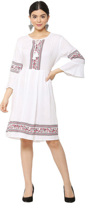A R J FASHION Women Fit and Flare White Knee Length Dress
