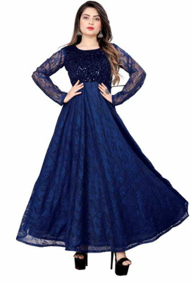 WAZIX Clothing Women Fit and Flare Blue Maxi/Full Length Dress