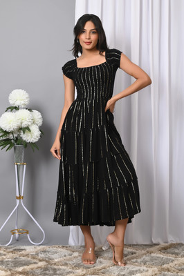 IQRAAR Women Fit and Flare Black Midi/Calf Length Dress