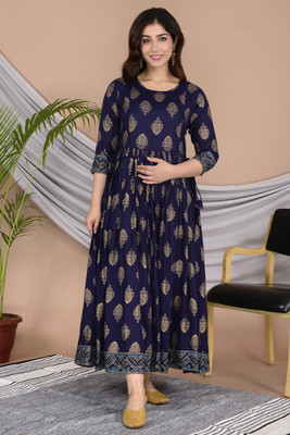 Gujari Women Fit and Flare Dark Blue Midi/Calf Length Dress