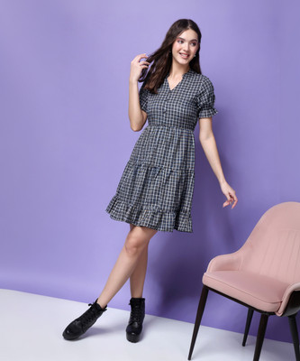 METRONAUT Women Fit and Flare Black, White Knee Length Dress