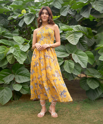 RARE Women Fit and Flare Yellow Maxi/Full Length Dress