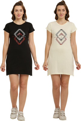 HouseOfCommon Women T Shirt Black, Beige Above Knee/Mid Thigh Length Dress