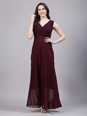 AAYU Women Fit and Flare Maroon Maxi/Full Length Dress
