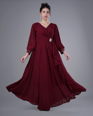 Dastoor Traz Women Fit and Flare Maroon Maxi/Full Length Dress