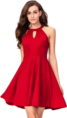 HouseOfCommon Women A-line Red Above Knee/Mid Thigh Length Dress