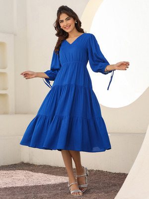 Janasya Women Tiered Blue Midi/Calf Length Dress
