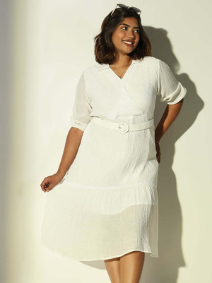 SHOWOFFFF Women Fit and Flare White Midi/Calf Length Dress