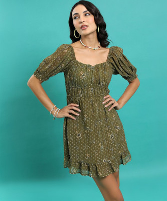 Tokyo Talkies Women Fit and Flare Dark Green Mini/Short Dress