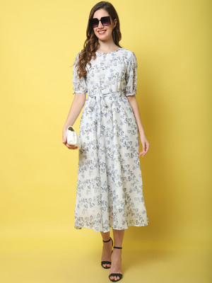 Fabflee Women A-line White, Grey, Black Midi/Calf Length Dress