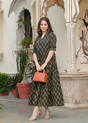 HouseOfCommon Women Fit and Flare Green Midi/Calf Length Dress