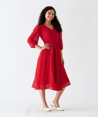AASK Women Fit and Flare Red Midi/Calf Length Dress