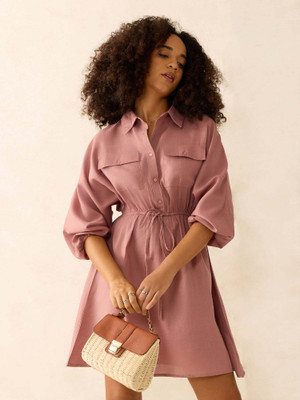 OUTZIDR Women A-line Beige Above Knee/Mid Thigh Length Dress