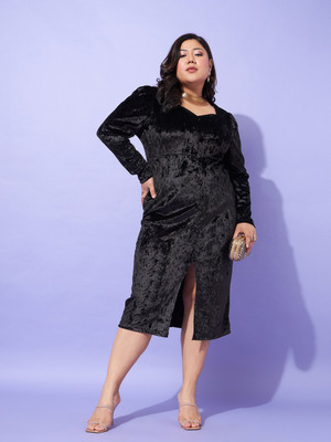 SASSAFRAS Curve Women Bodycon Black Midi/Calf Length Dress