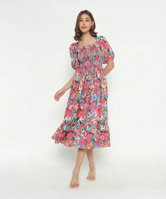 Jash Creation Women Fit and Flare Beige Midi/Calf Length Dress