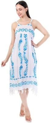Hazica Highness Women Ethnic Dress White, Blue Midi/Calf Length Dress