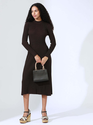 SHOWOFFFF Women Fit and Flare Brown Midi/Calf Length Dress