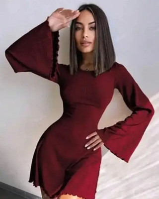 Mcgluwa Women A-line Maroon Above Knee/Mid Thigh Length Dress