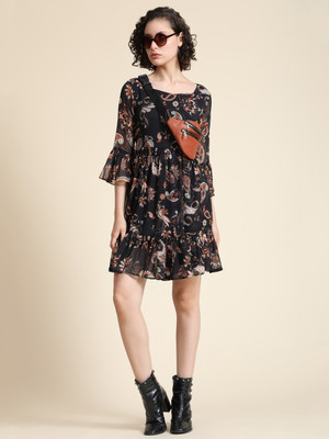 HOC's Women Fit and Flare Black Above Knee/Mid Thigh Length Dress