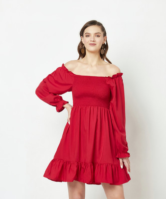 UnicusApparel Women Fit and Flare Red Above Knee/Mid Thigh Length Dress