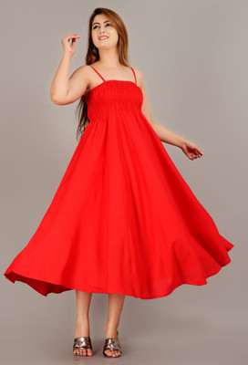MEWEAR Women Fit and Flare Red Midi/Calf Length Dress