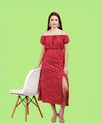 Oh Mi Dios Women Fit and Flare Red Midi/Calf Length Dress
