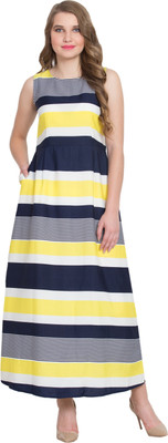 RUDRAKRITI Women Fit and Flare Blue Maxi/Full Length Dress
