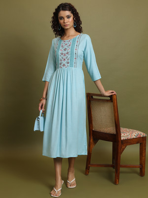 Vishudh Women Ethnic Dress Light Blue Midi/Calf Length Dress